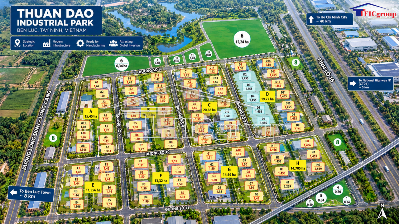 3D aerial master plan of Thuan Dao Industrial Park in Ben Luc, Tay Ninh, Vietnam, showing industrial land plots, factory buildings and internal roads