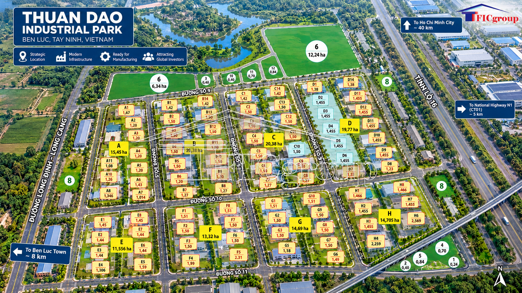 3D aerial master plan of Thuan Dao Industrial Park in Ben Luc, Tay Ninh, Vietnam, showing industrial land plots, factory buildings and internal roads