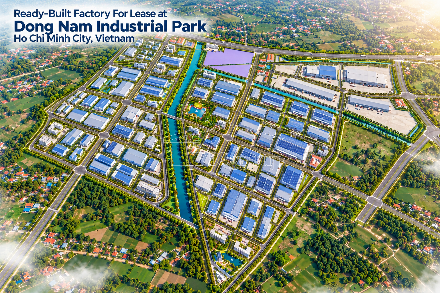 3D aerial concept visualization of ready-built factories for lease at Le Minh Xuan 3 Industrial Park, Ho Chi Minh City, Vietnam.