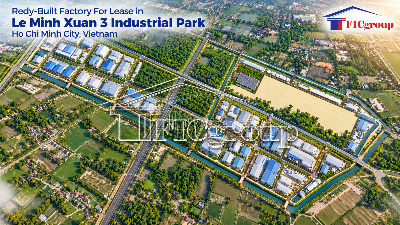 3D aerial concept visualization of ready-built factories for lease at Le Minh Xuan 3 Industrial Park, Ho Chi Minh City, Vietnam.