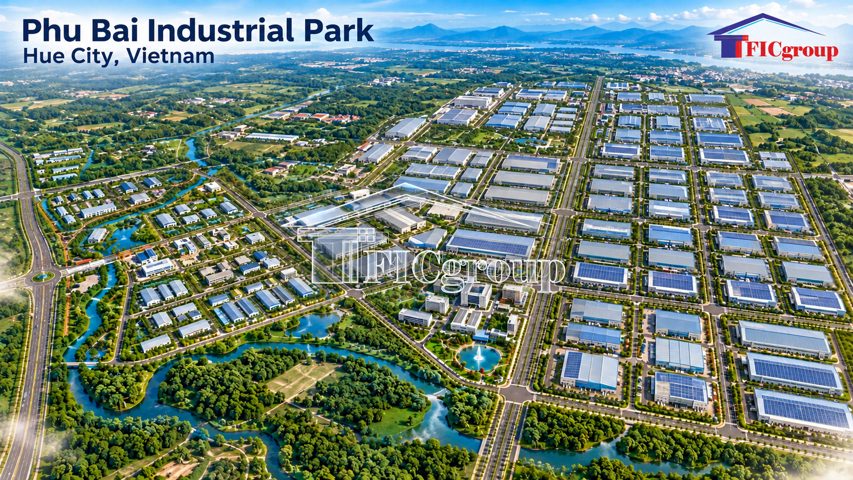 Industrial land for sale at Phu Bai Industrial Park in Hue City, Vietnam. Conceptual 3D aerial view of factories and industrial infrastructure.
