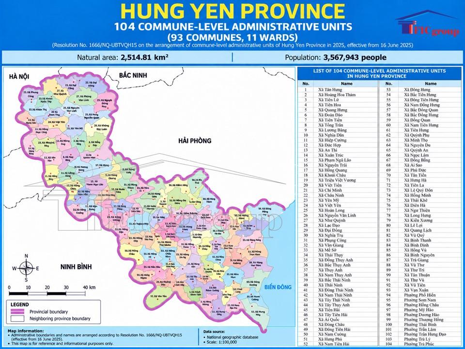 Hung Yen Province Vietnam 2026 administrative map – 104 commune-level administrative units | TTTFIC Group