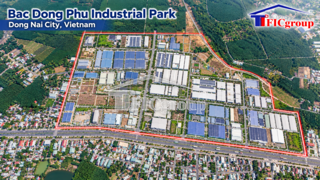 Aerial visualization of Bac Dong Phu Industrial Park in Dong Nai City, Vietnam, showing industrial buildings, internal roads, surrounding residential areas, and the highlighted project boundary