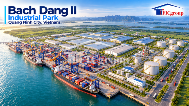 Aerial 3D visualization of Bach Dang II Industrial Park in Quang Ninh, Vietnam, featuring a seaport, cargo vessels, industrial warehouses, storage tanks, and logistics infrastructure.