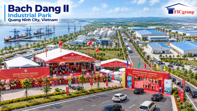 Aerial 3D concept visualization of the groundbreaking ceremony at Bach Dang II Industrial Park in Quang Ninh, Vietnam, featuring the ceremonial venue, industrial facilities, and waterfront infrastructure