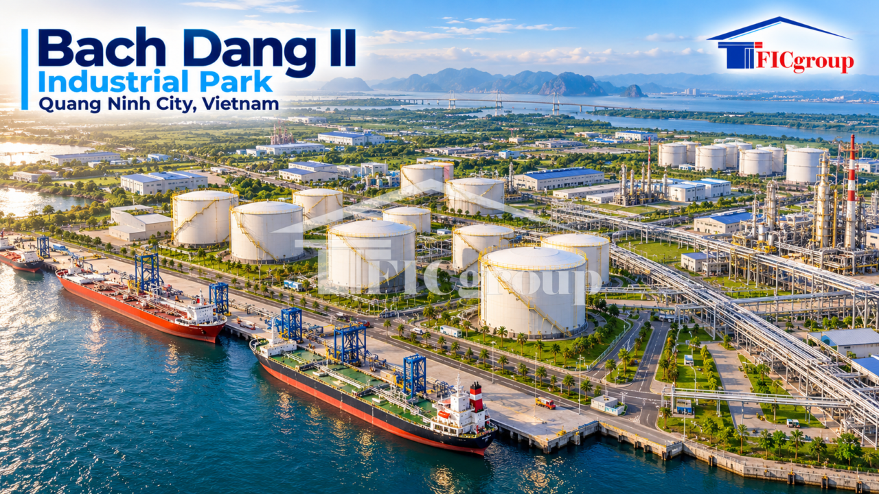Aerial 3D concept visualization of Bach Dang II Industrial Park in Quang Ninh, Vietnam, featuring chemical and petrochemical facilities, industrial storage tanks, manufacturing plants, pipelines, and waterfront logistics infrastructure.
