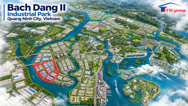 Aerial 3D concept visualization of Bach Dang II Industrial Park in Quang Ninh, Vietnam, highlighting the industrial development area and surrounding waterways
