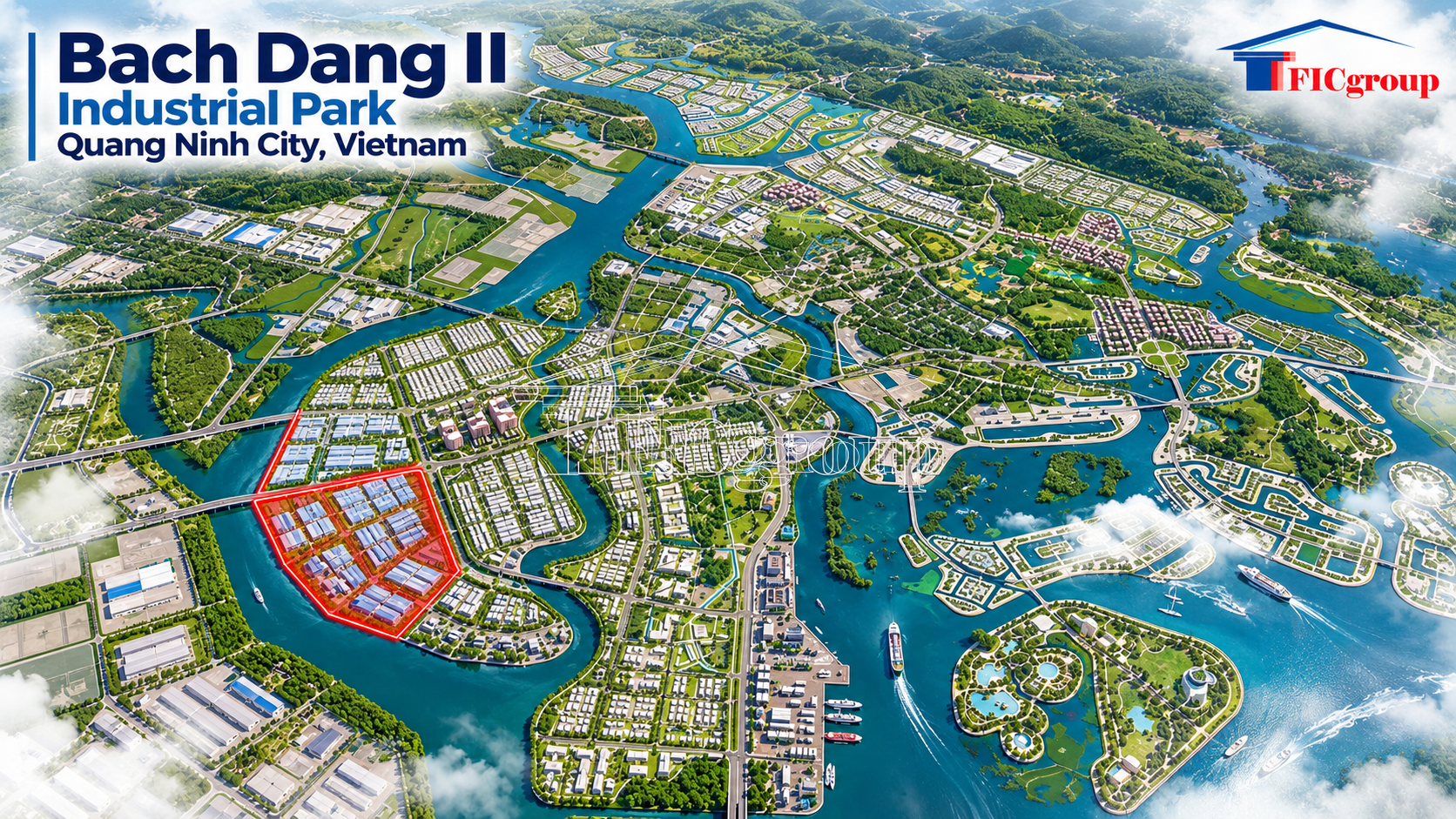 Aerial 3D concept visualization of Bach Dang II Industrial Park in Quang Ninh, Vietnam, highlighting the industrial development area and surrounding waterways