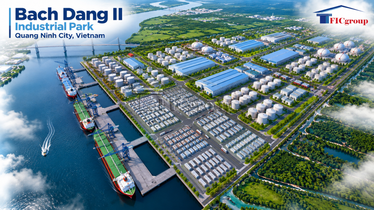 Aerial 3D concept visualization of Bach Dang II Industrial Park in Quang Ninh, Vietnam, featuring industrial factories, storage tanks, waterfront logistics facilities, and cargo terminals