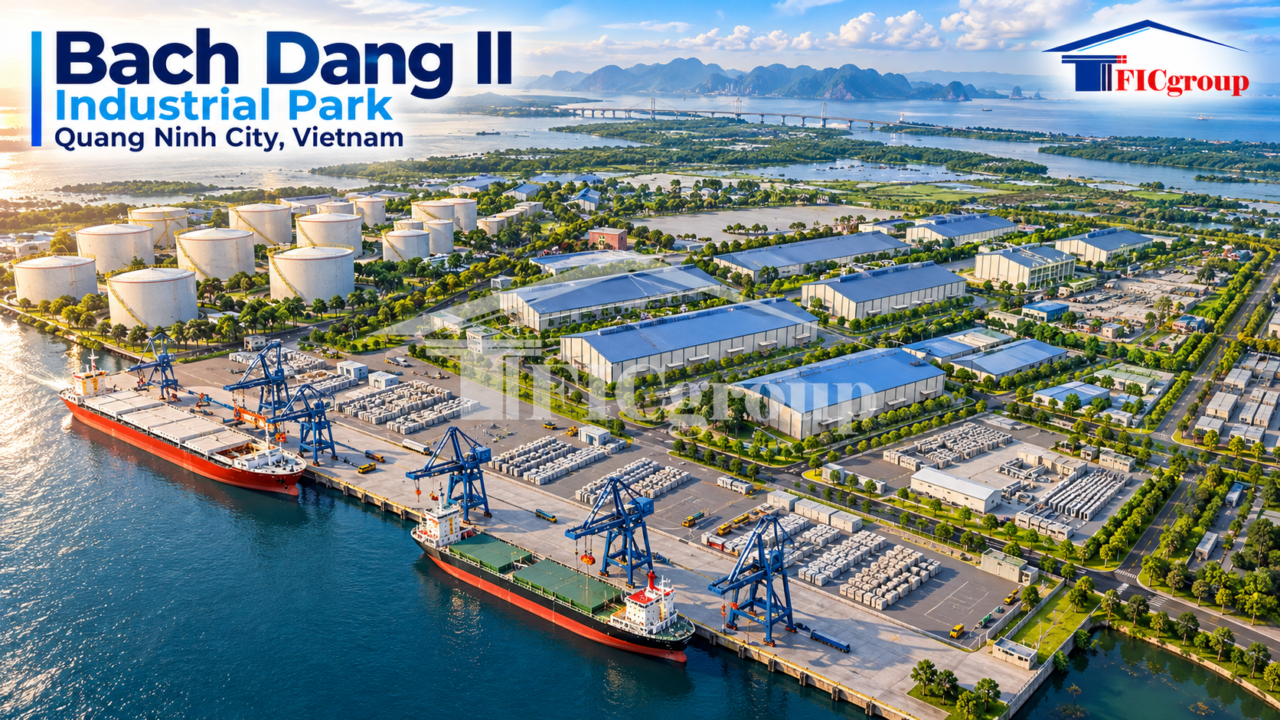 Aerial 3D concept visualization of Bach Dang II Industrial Park in Quang Ninh, Vietnam, featuring container terminals, cargo ships, industrial warehouses, storage tanks, and maritime logistics facilities.