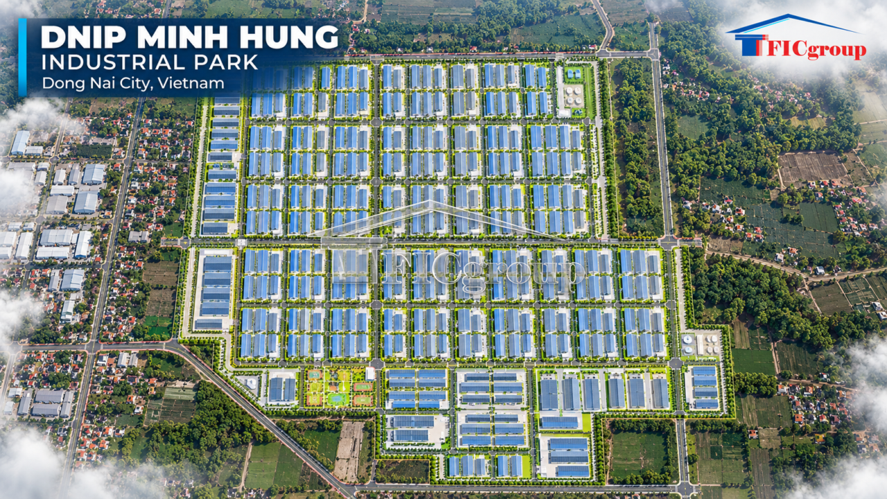 Aerial 3D visualization of DNIP Minh Hung Industrial Park in Dong Nai City, Vietnam, illustrating factory layouts, internal roads, industrial infrastructure, and landscaped green spaces