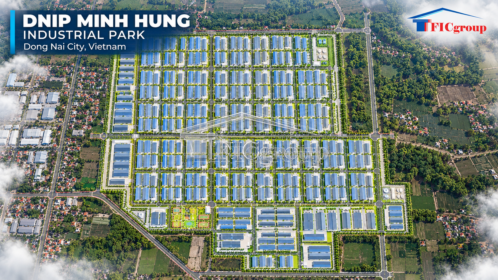Aerial 3D visualization of DNIP Minh Hung Industrial Park in Dong Nai City, Vietnam, illustrating factory layouts, internal roads, industrial infrastructure, and landscaped green spaces