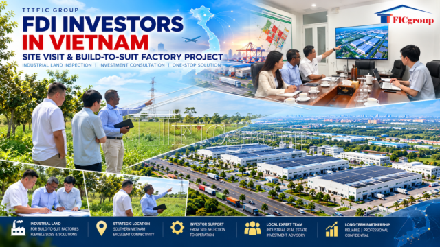 TTTFIC Group promotional composite illustrating FDI investor site visits, industrial land inspections, investment consultations, and build-to-suit factory projects in Vietnam.