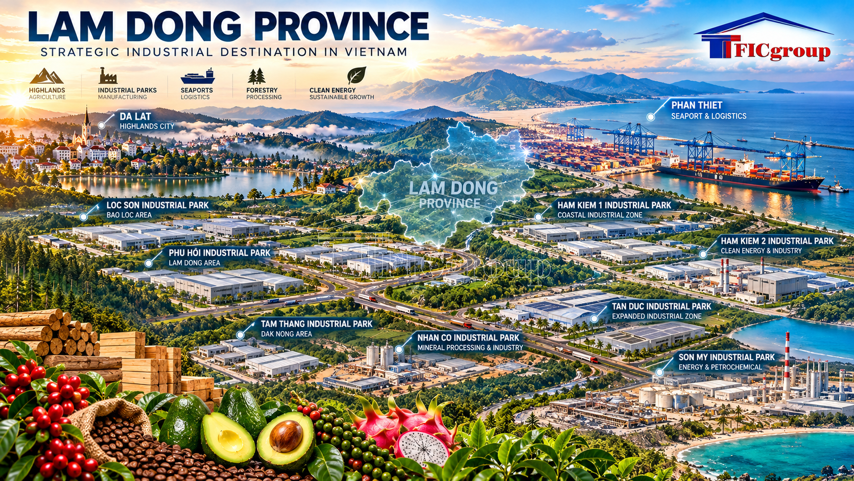 Artistic 3D visualization of industrial parks in Lam Dong Province, Vietnam, featuring modern factories, seaports, logistics, highland agriculture, and industrial infrastructure