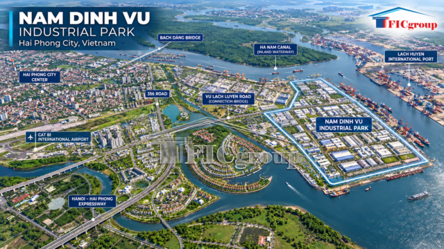 3D aerial visualization of Nam Dinh Vu Industrial Park in Hai Phong City, Vietnam, illustrating its strategic location near Lach Huyen International Port, Cat Bi International Airport, and major transportation routes