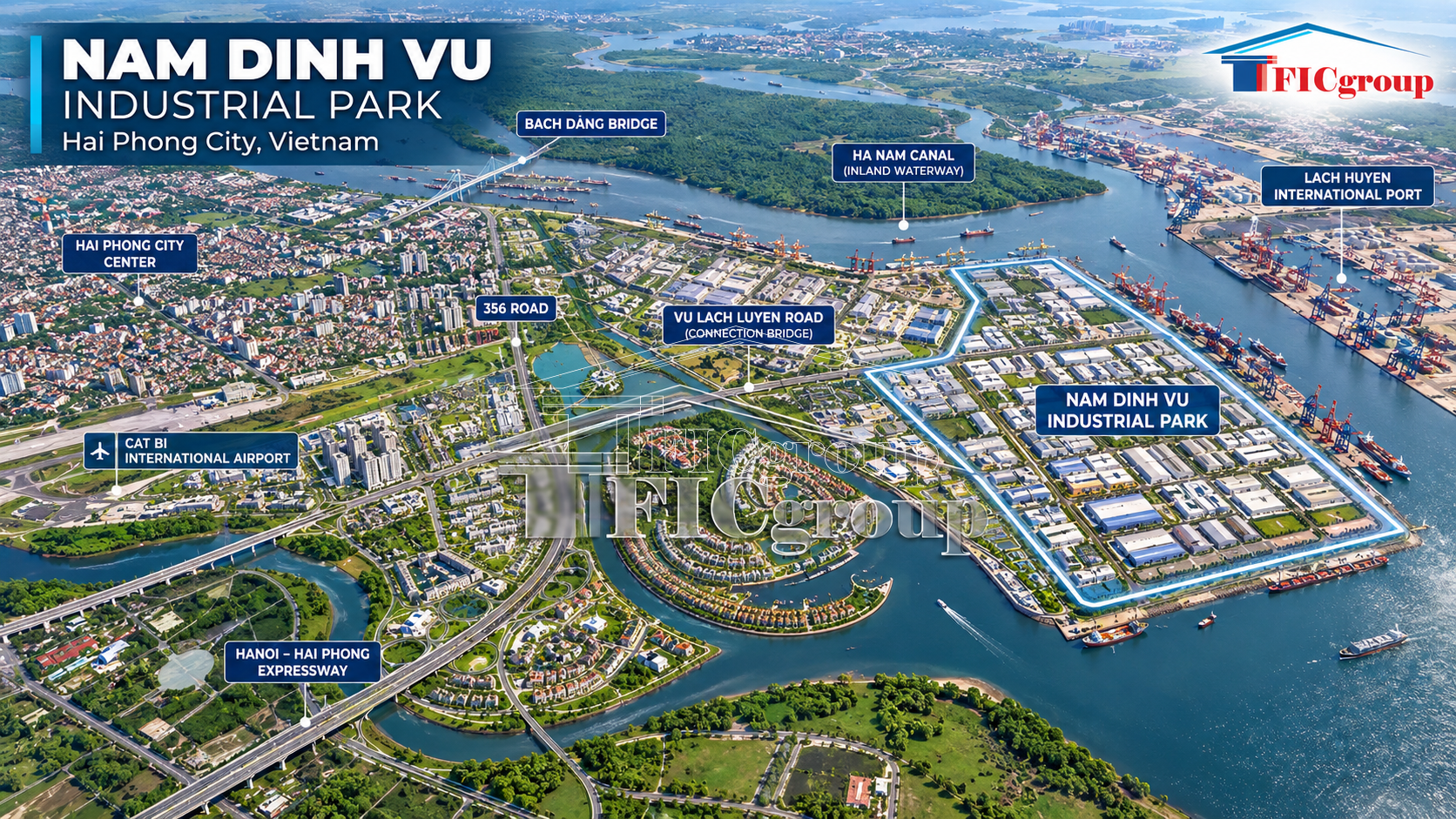 Aerial 3D visualization of Nam Dinh Vu Industrial Park in Hai Phong City, Vietnam, highlighting industrial facilities, seaport infrastructure, waterways, and regional transportation connections