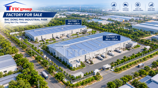 Aerial 3D visualization of two factory buildings for sale at Bac Dong Phu Industrial Park, Dong Nai City, Vietnam, featuring Factory 1 (48 × 128 m), Factory 2 (66 × 128 m), internal roads, and loading areas