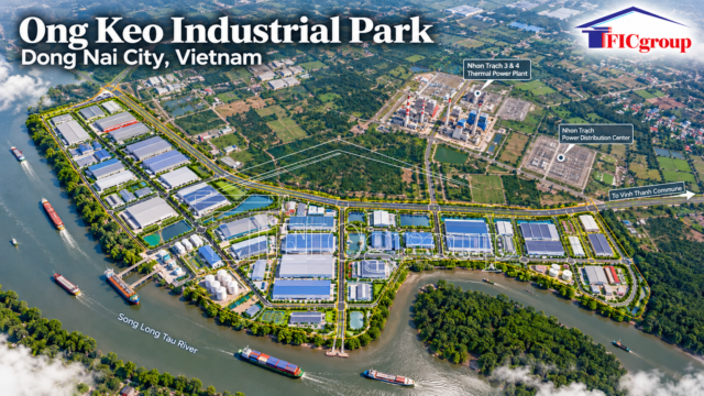 3D aerial concept visualization of Ong Keo Industrial Park in Dong Nai, Vietnam, featuring industrial factories, internal roads, green spaces, and surrounding waterways