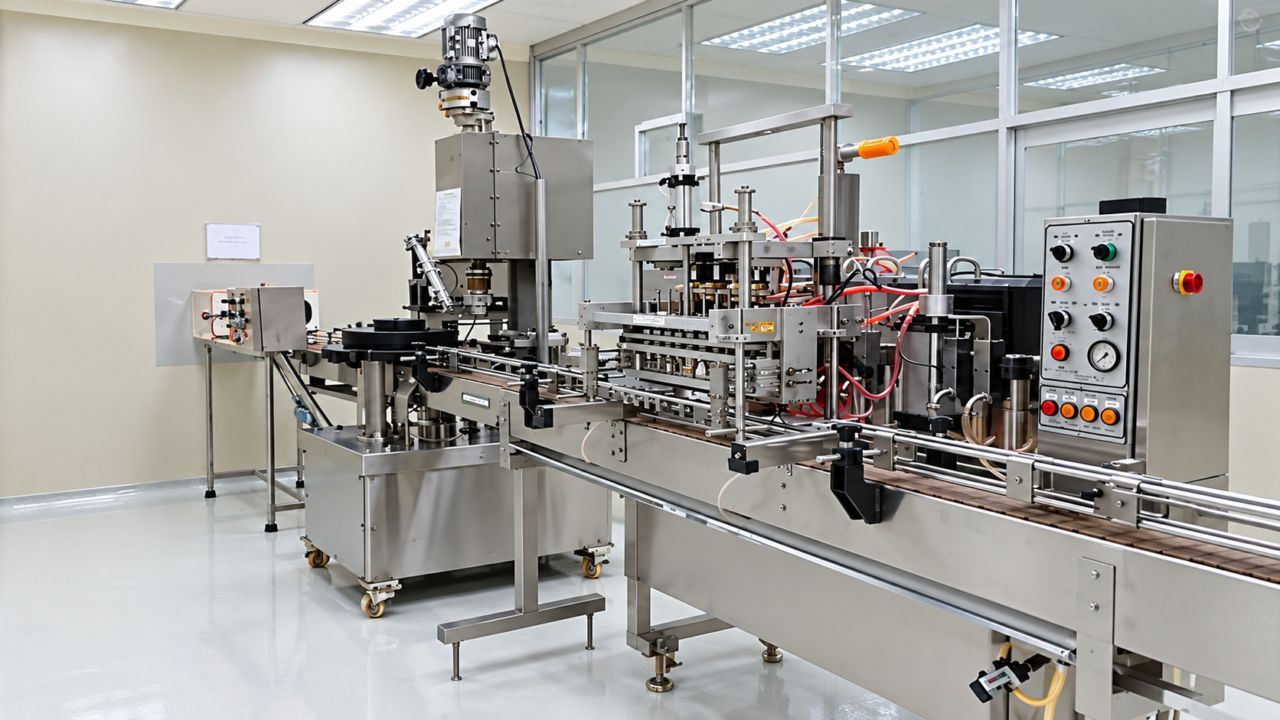 Pharmaceutical factory for sale in Ho Chi Minh City, Vietnam, featuring stainless steel production machinery, an automated conveyor system, and a clean manufacturing environment