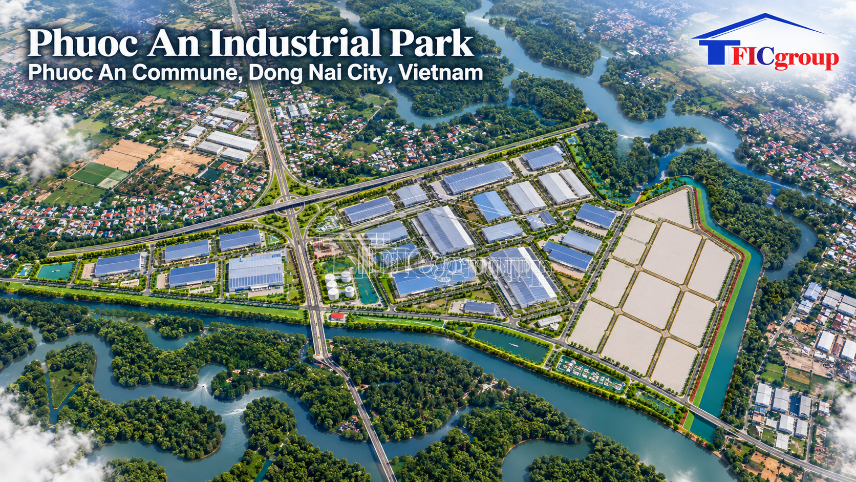 Aerial concept visualization of Phuoc An Industrial Park in Phuoc An Commune, Dong Nai City, Vietnam, featuring industrial factories, internal roads, green spaces, and surrounding waterways