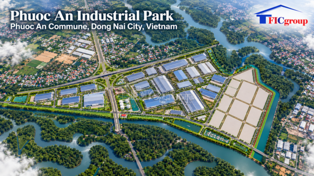 3D aerial concept visualization of Phuoc An Industrial Park in Phuoc An Commune, Dong Nai City, Vietnam, featuring industrial factories, internal roads, green spaces, and surrounding waterways