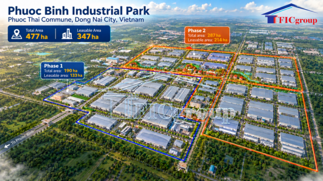 Phuoc Binh Industrial Park in Dong Nai, Vietnam – 3D Aerial Master Plan Showing Phase 1 and Phase 2 Industrial Land Development