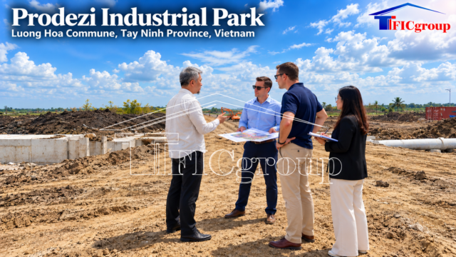 TTTFIC Group conceptual visualization of international investors and advisors reviewing industrial development plans at Prodezi Industrial Park, Tay Ninh Province, Vietnam