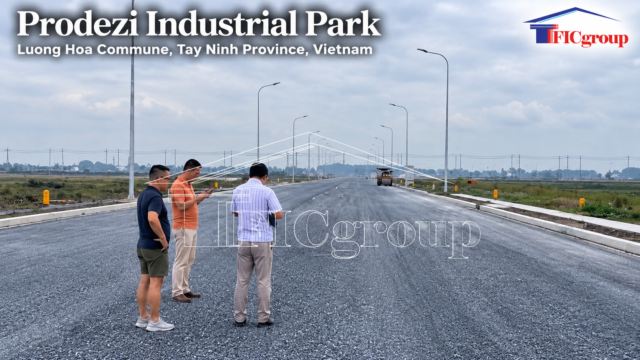 Internal road infrastructure at Prodezi Industrial Park in Luong Hoa Commune, Tay Ninh Province, Vietnam, with visitors inspecting the industrial park