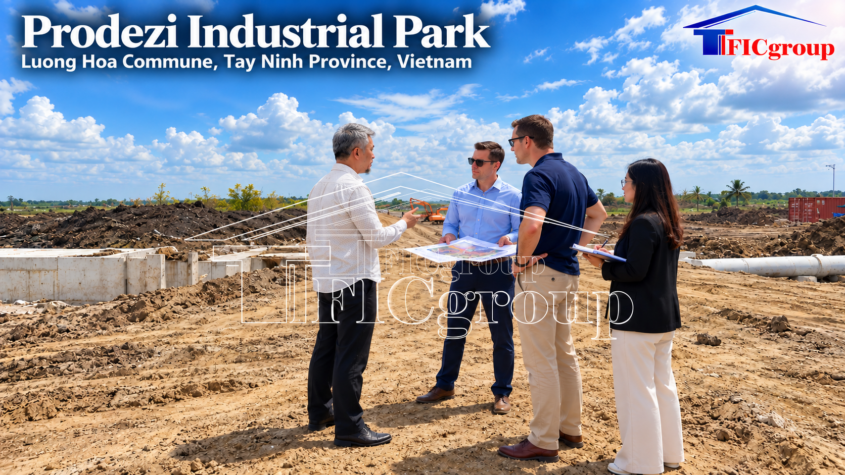 TTTFIC Group representatives and international investors reviewing industrial development plans during a site visit to Prodezi Industrial Park in Tay Ninh, Vietnam