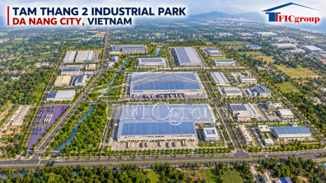 3D aerial visualization of Tam Thang 2 Industrial Park in Da Nang City, Vietnam, showing industrial factories, internal roads, green spaces, and infrastructure