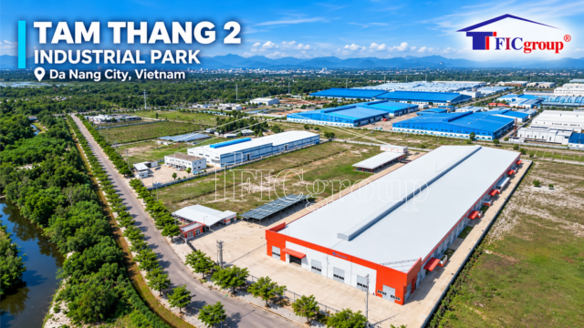 Aerial view of Tam Thang 2 Industrial Park in Da Nang City, Vietnam, featuring modern industrial factories, internal roads, green spaces, and industrial infrastructure