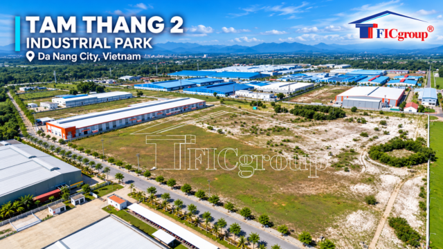 Panoramic aerial view of Tam Thang 2 Industrial Park in Da Nang City, Vietnam, showing industrial factories, available land areas, internal roads, and surrounding infrastructure