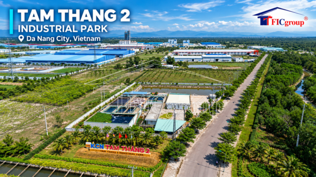 Aerial view of Tam Thang 2 Industrial Park in Da Nang City, Vietnam, featuring industrial factories, internal roads, green spaces, and wastewater treatment facilities