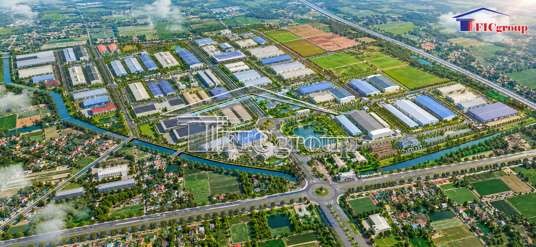 3D aerial view of Tran Anh Tan Phu Industrial Park in Tay Ninh, Vietnam, featuring modern factories, industrial land, warehouses and green infrastructure