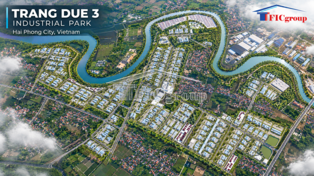 Aerial 3D visualization of Trang Due 3 Industrial Park in Hai Phong City, Vietnam, illustrating industrial facilities, internal roads, waterways, and surrounding landscapes