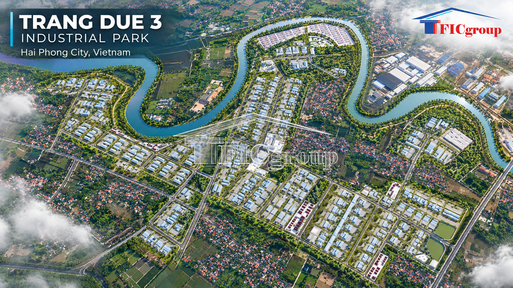 3D aerial perspective of Trang Due 3 Industrial Park in Hai Phong City, Vietnam, featuring industrial buildings, internal transportation networks, waterways, and green landscapes