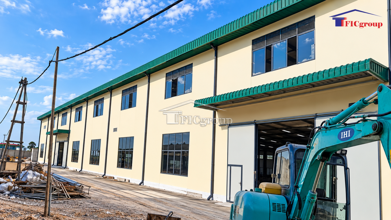 Industrial factory side exterior with green roofing and a large workshop entrance in Vietnam